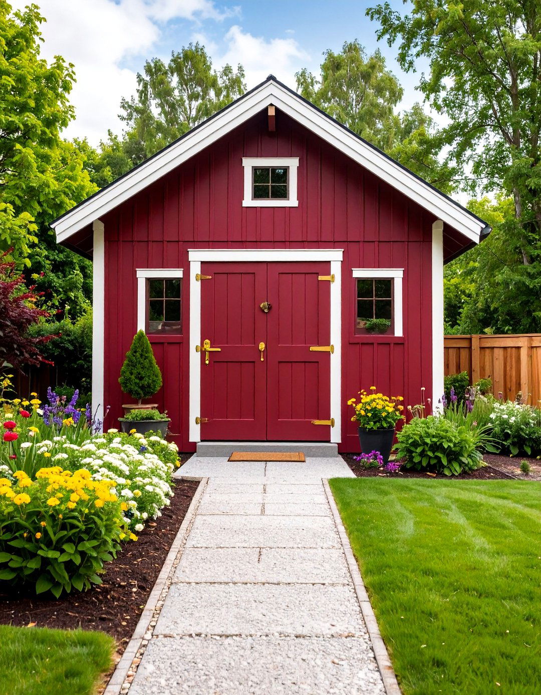 Burgundy Red Shed with Gold Hardware Accents - 25 Shed Color Ideas