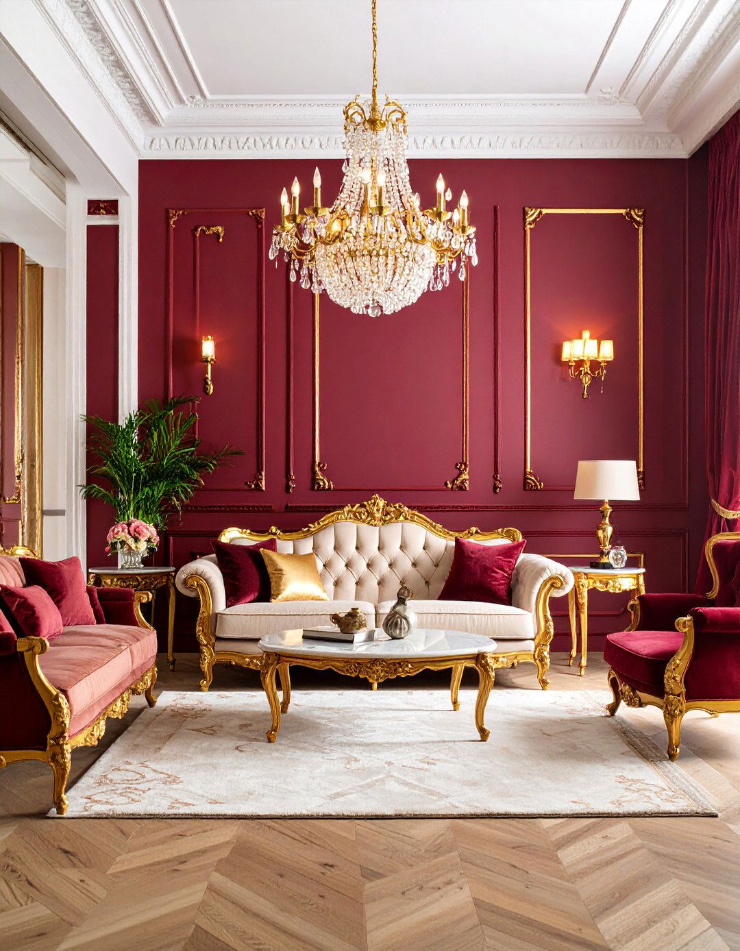 Burgundy Red and Gold Living Room with Dramatic Elegance - 25 Two Colour Combination for Living Room