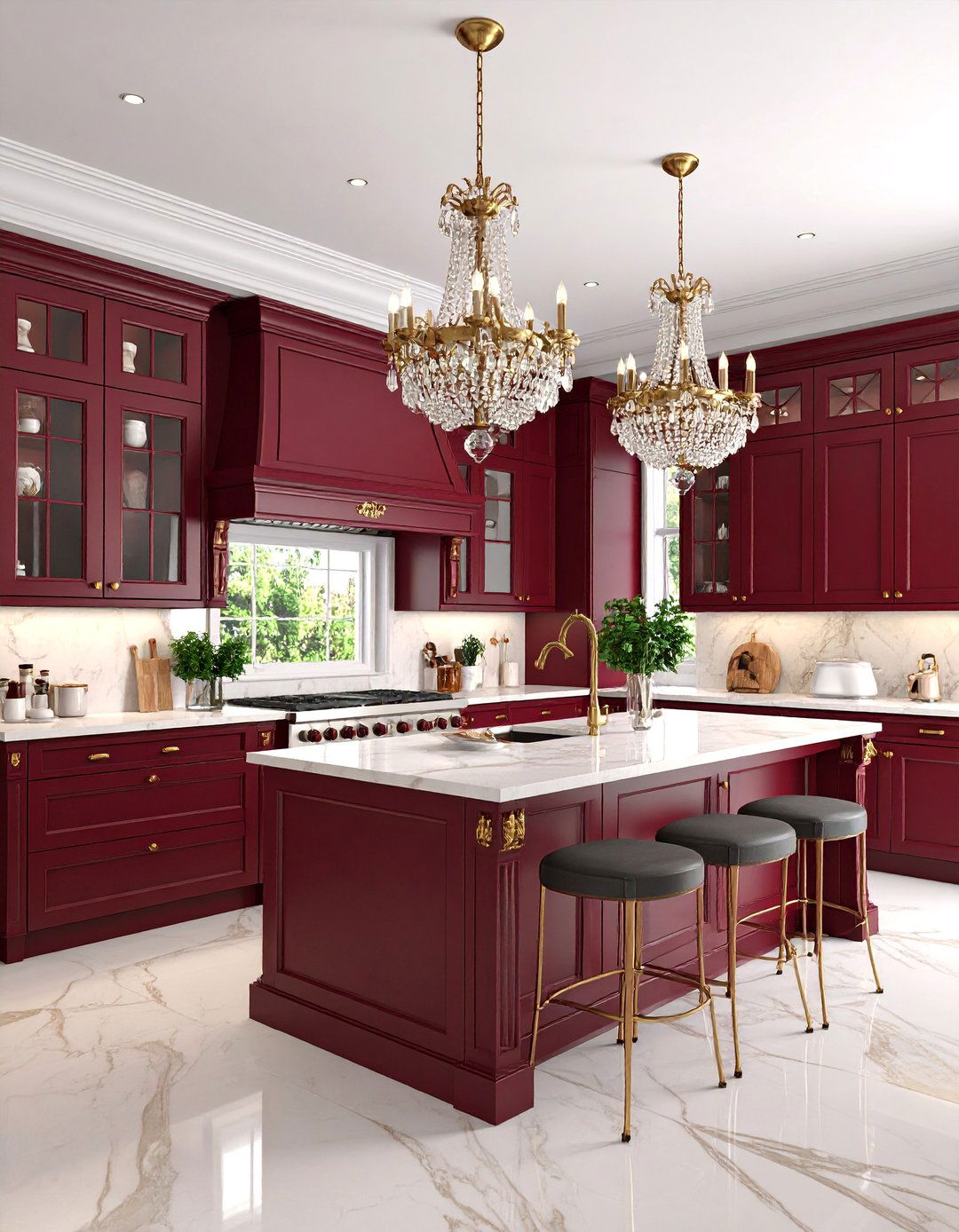 Burgundy Victorian Kitchen with Crystal Chandelier - 25 Victorian Kitchen Ideas