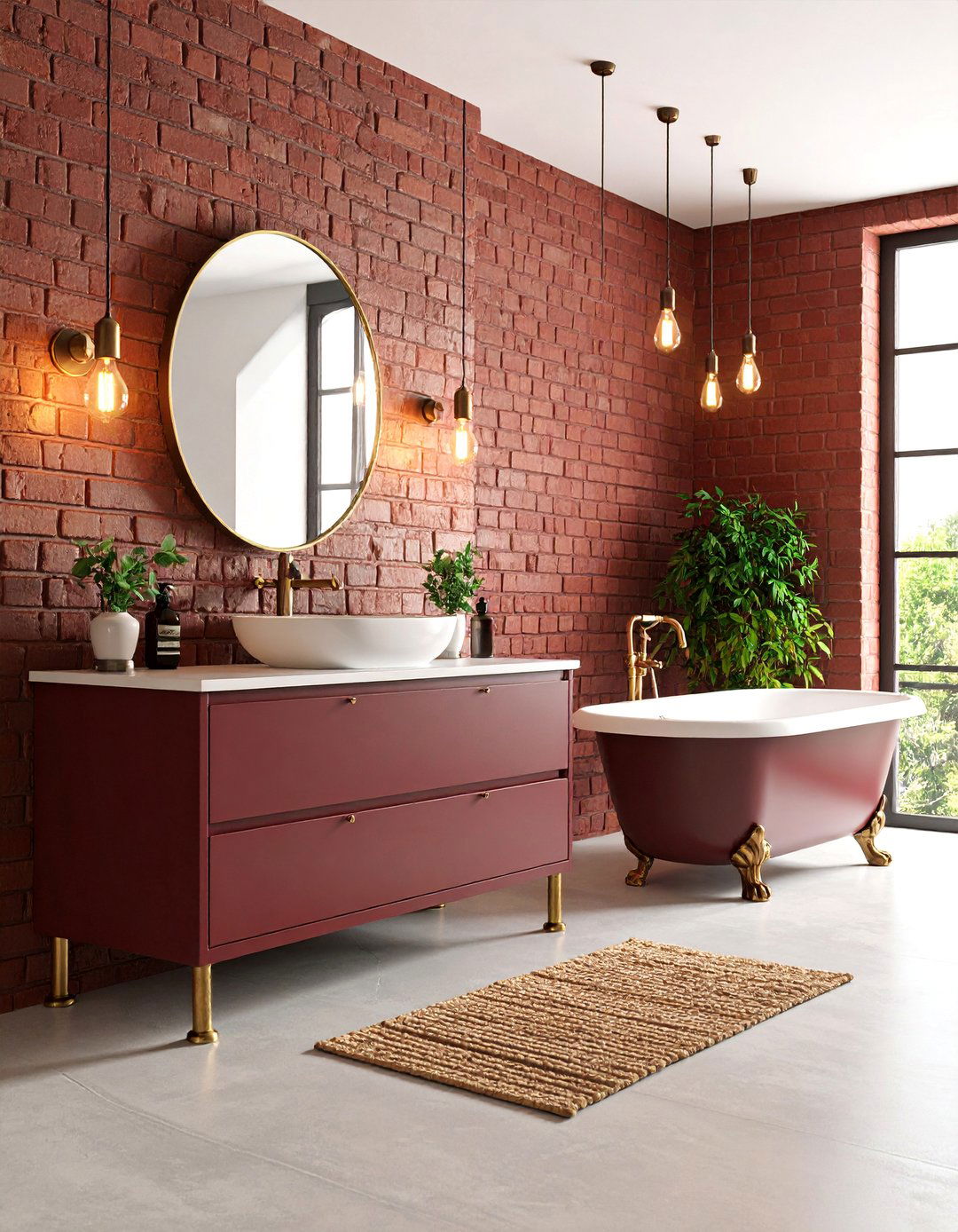 Burgundy and Brass Industrial Bathroom - 25 Burgundy Bathroom Ideas