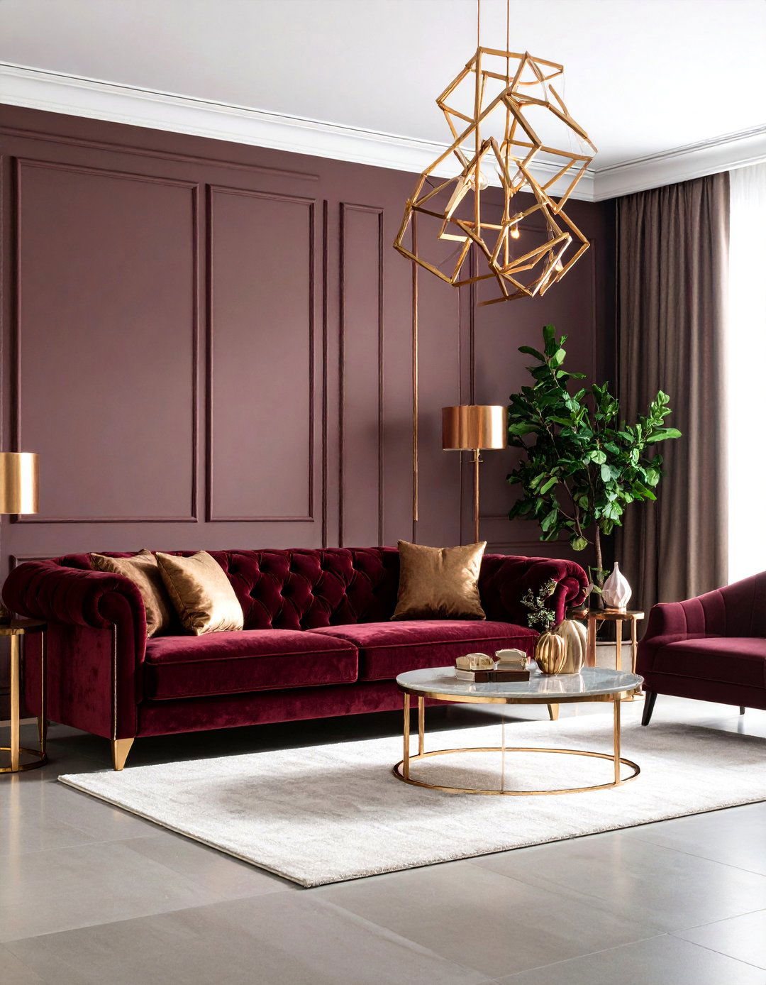 Burgundy and Copper Living Room with Geometric Lighting - 25 Art Deco Living Room Ideas