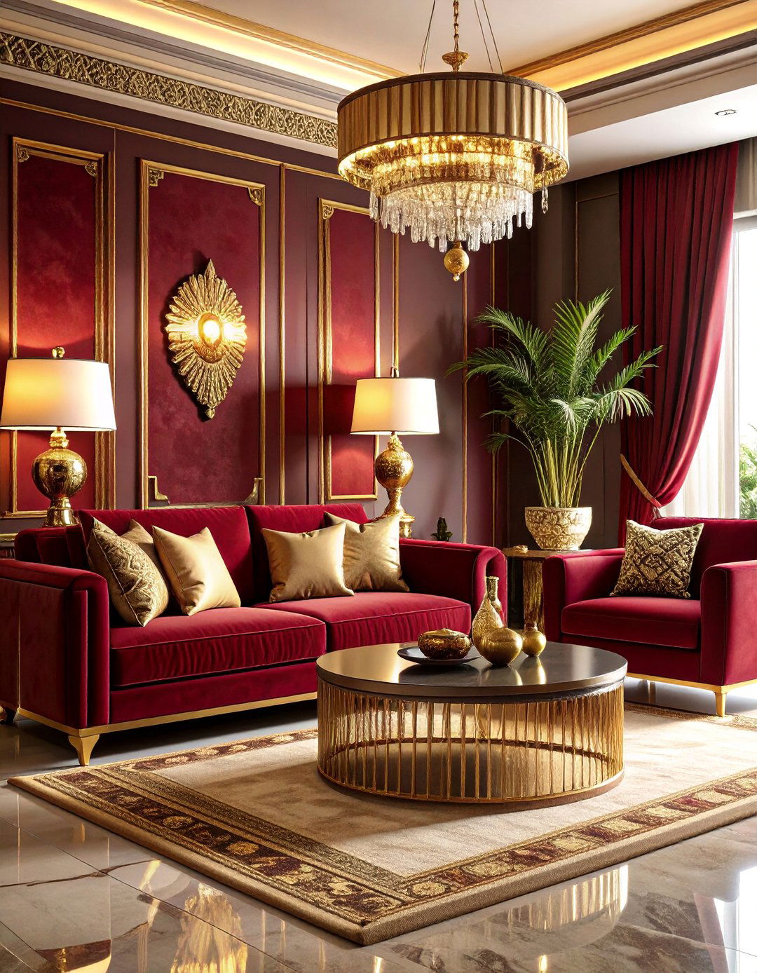 Burgundy and Gold Living Room with Egyptian Motifs - 25 Art Deco Living Room Ideas