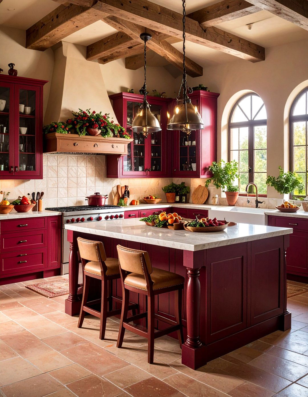 Burgundy and Red Accent Tuscan Kitchen - 25 Tuscan Kitchen Design Ideas