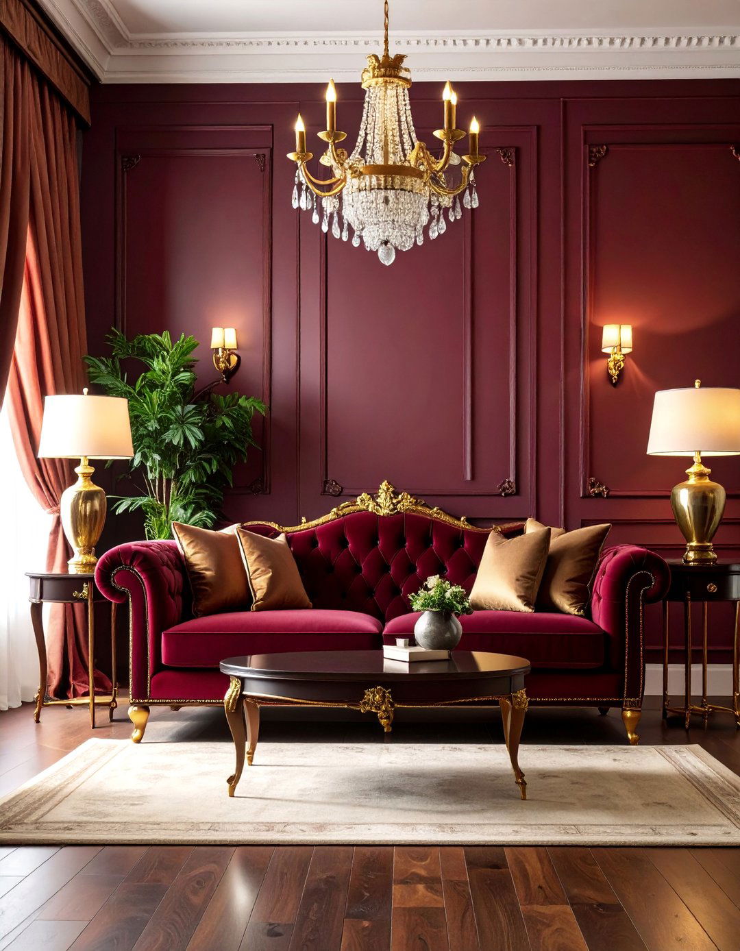 Burgundy and Velvet Traditional Living Room - 25 Moody Living Room Ideas