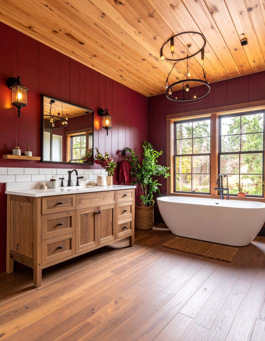 Burgundy and Wood Farmhouse Bathroom - 25 Burgundy Bathroom Ideas