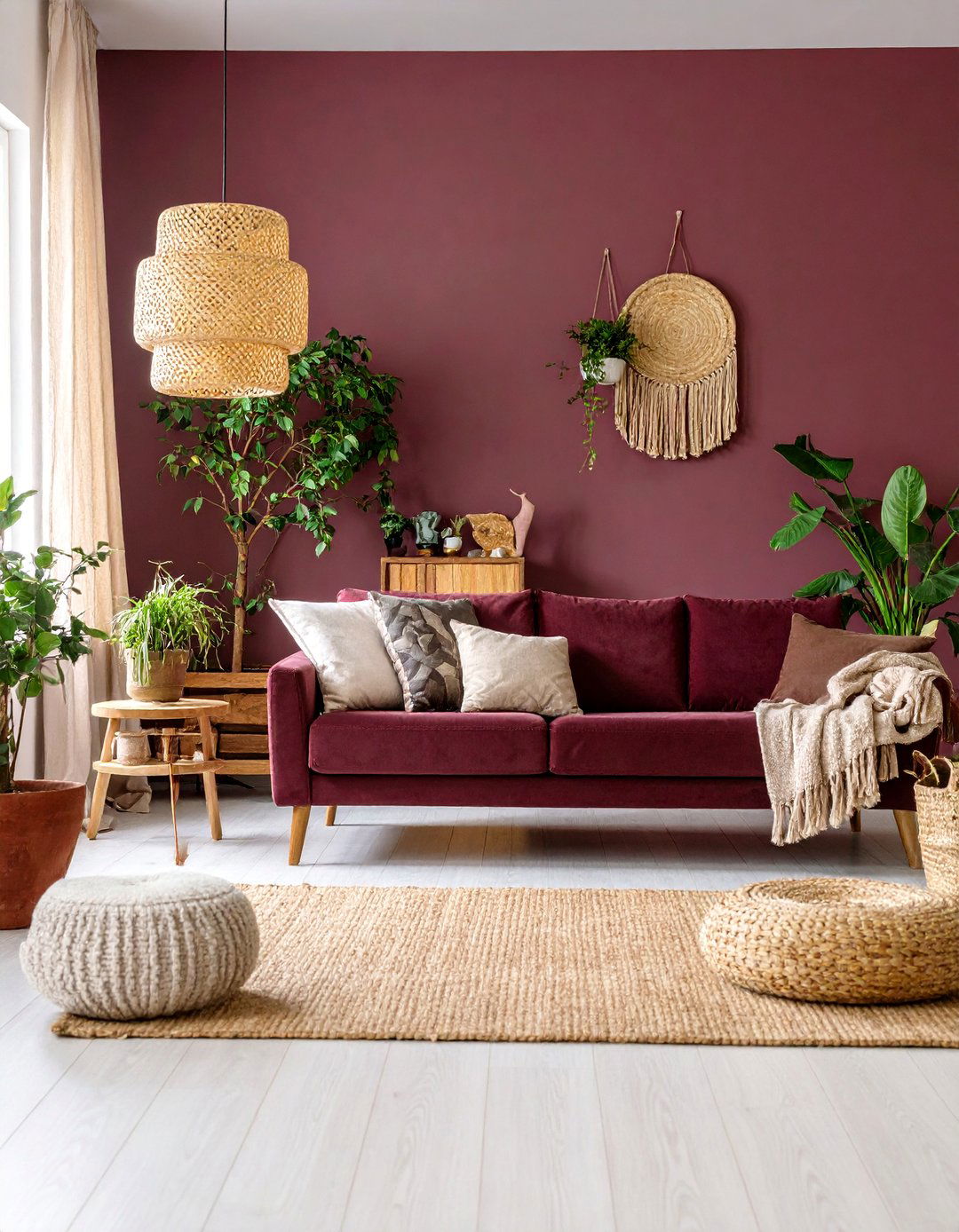 Burgundy with Natural Wood and Green Accents - 25 Burgundy Living Room Ideas