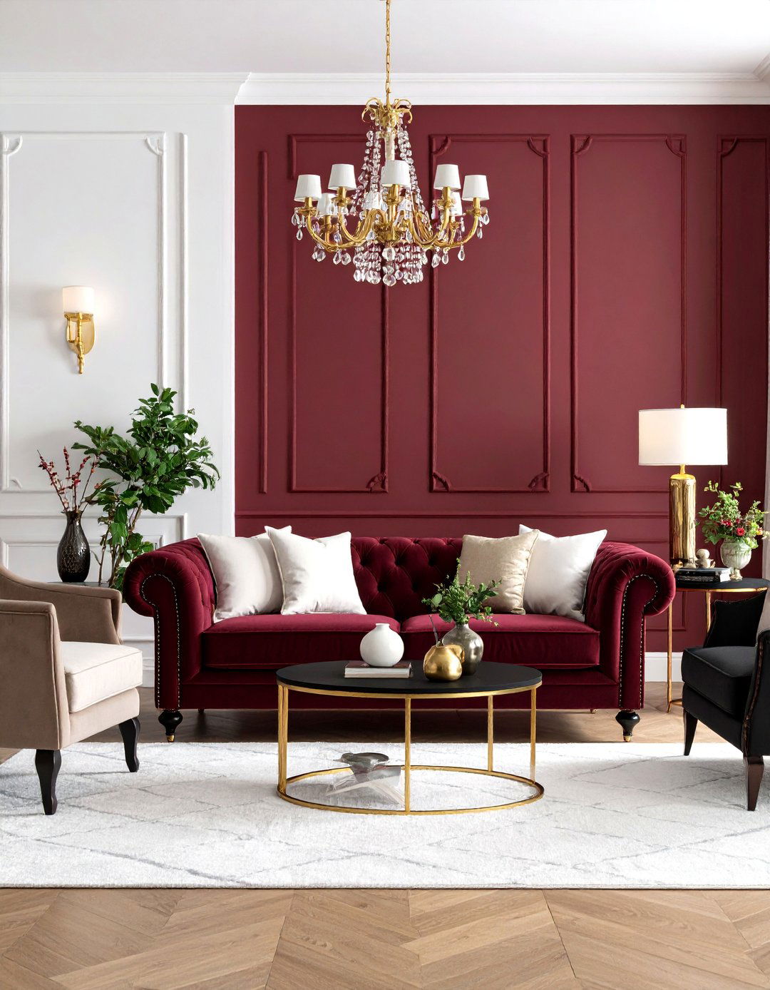 Burgundy with White and Black Classic Contrast - 25 Burgundy Living Room Ideas