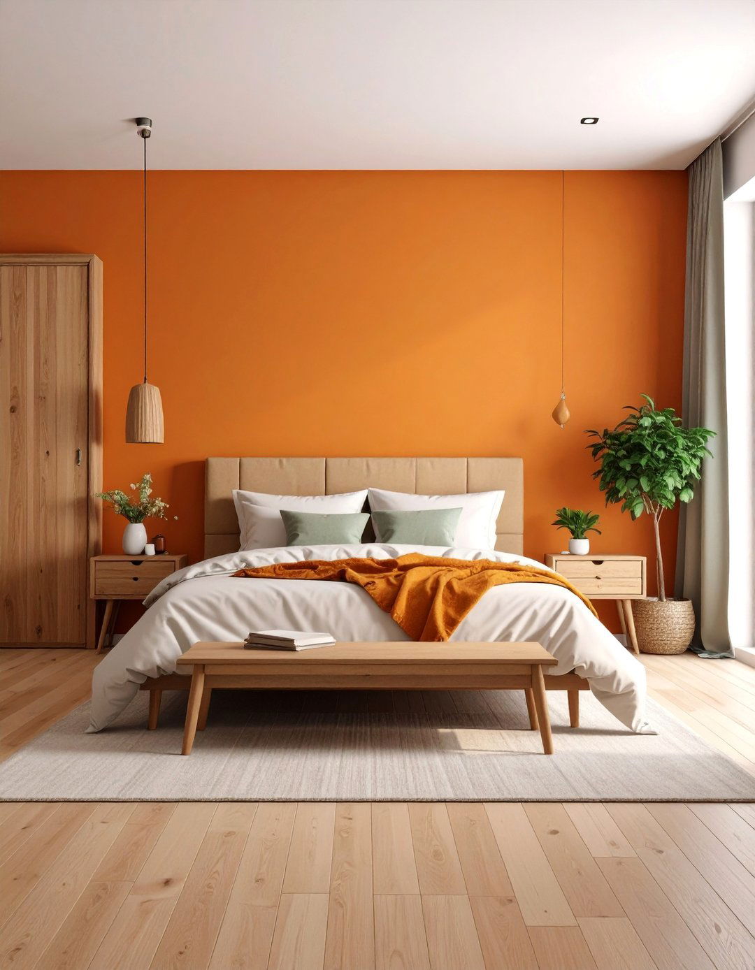 Burnt Orange Accent Wall with Natural Wood Furniture - 25 Bohemian Desert Decor Ideas