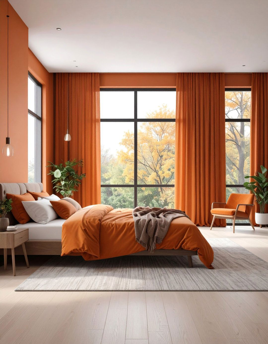 Burnt Orange Bedroom with Floor to Ceiling Windows Design - 25 Burnt Orange Bedroom Ideas