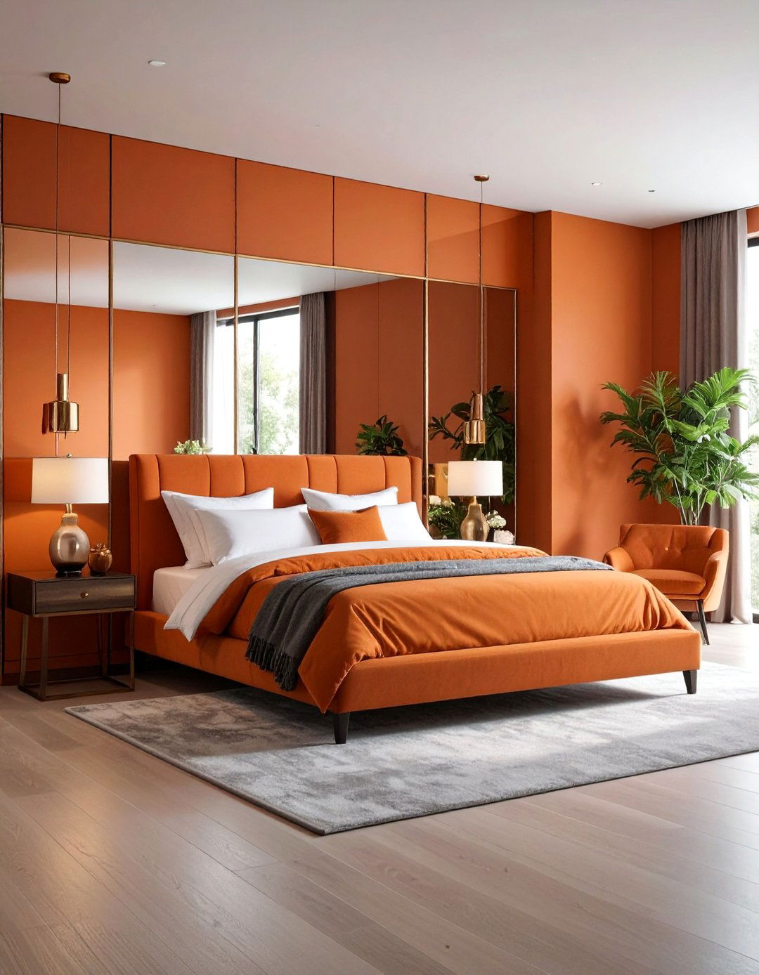 Burnt Orange Bedroom with Mirror Wall Accents - 25 Burnt Orange Bedroom Ideas