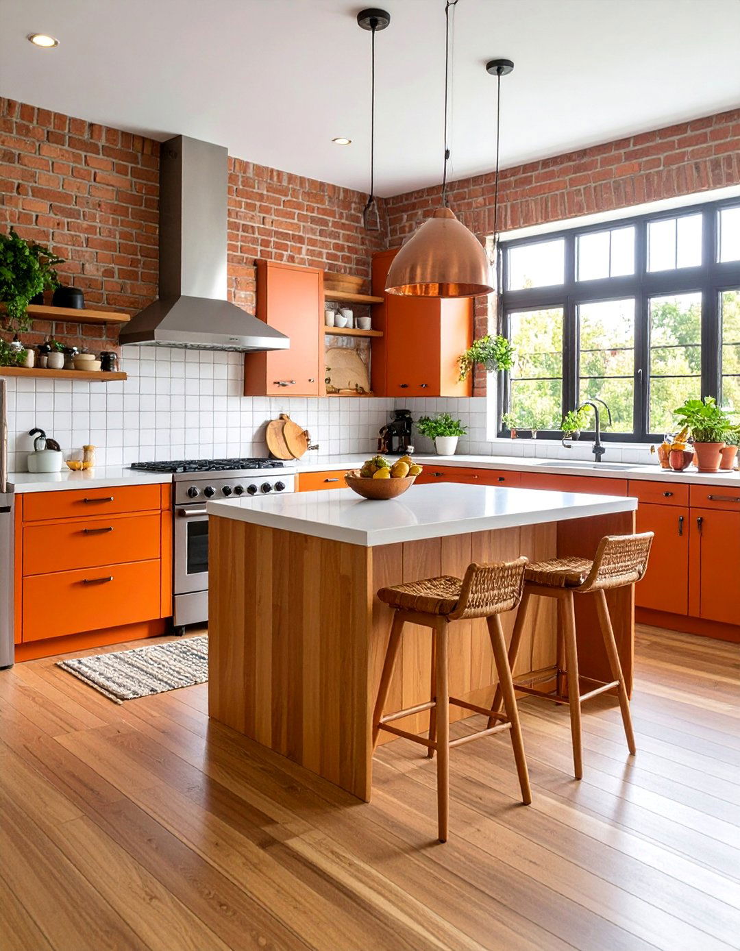 Burnt Orange Kitchen with Brick Accent Walls - 25 70s Kitchen Ideas