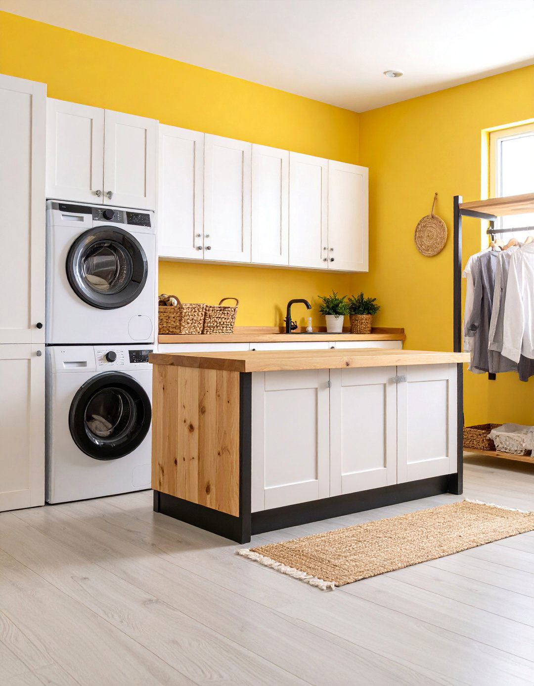 Butcher Block Island with Black Base - 25 Black and White Laundry Room Ideas