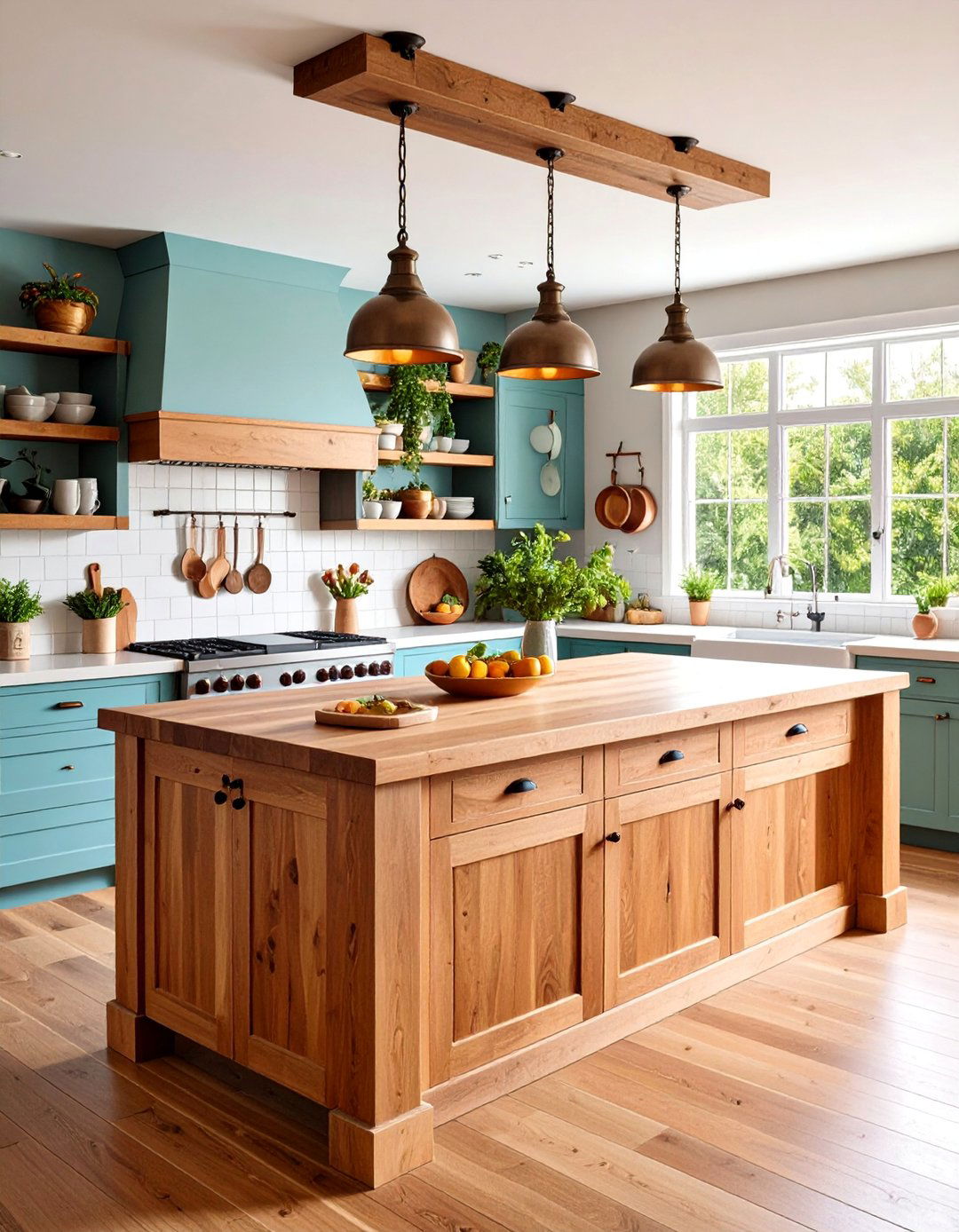 Butcher Block Island with Suspended Hanging Storage - 25 Kitchen Island Storage Ideas