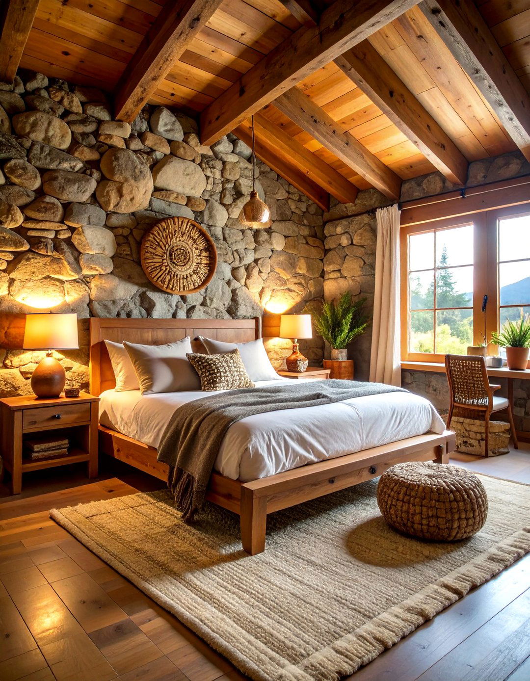 Cabin Bedroom with Exposed Stone Walls - 25 Cabin Bedroom Ideas
