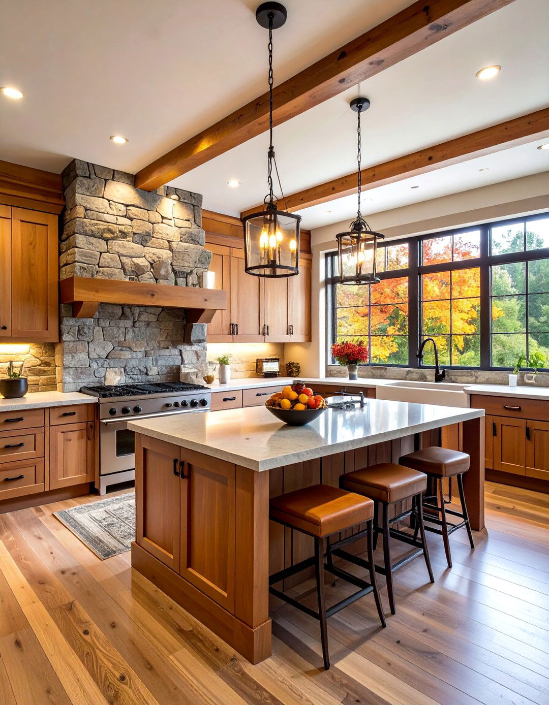 Cabin Kitchen with Stone Fireplace Wall - 25 Cabin Kitchen Ideas