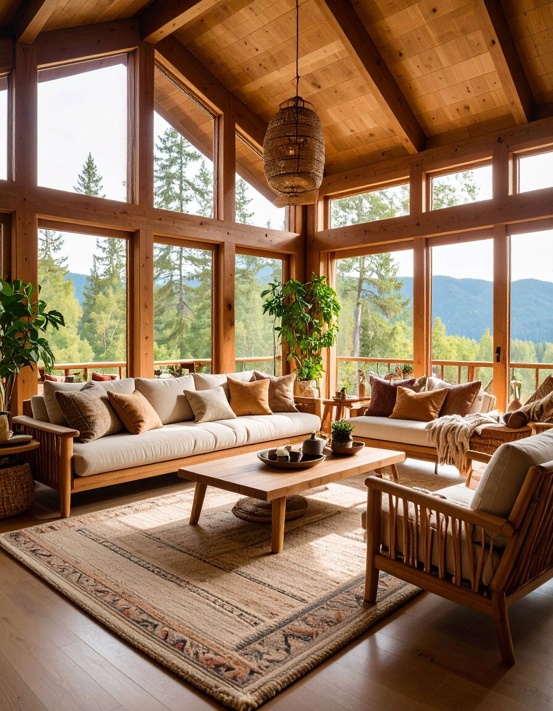 Cabin Living Room with Picture Windows - 25 Cabin Living Room Ideas