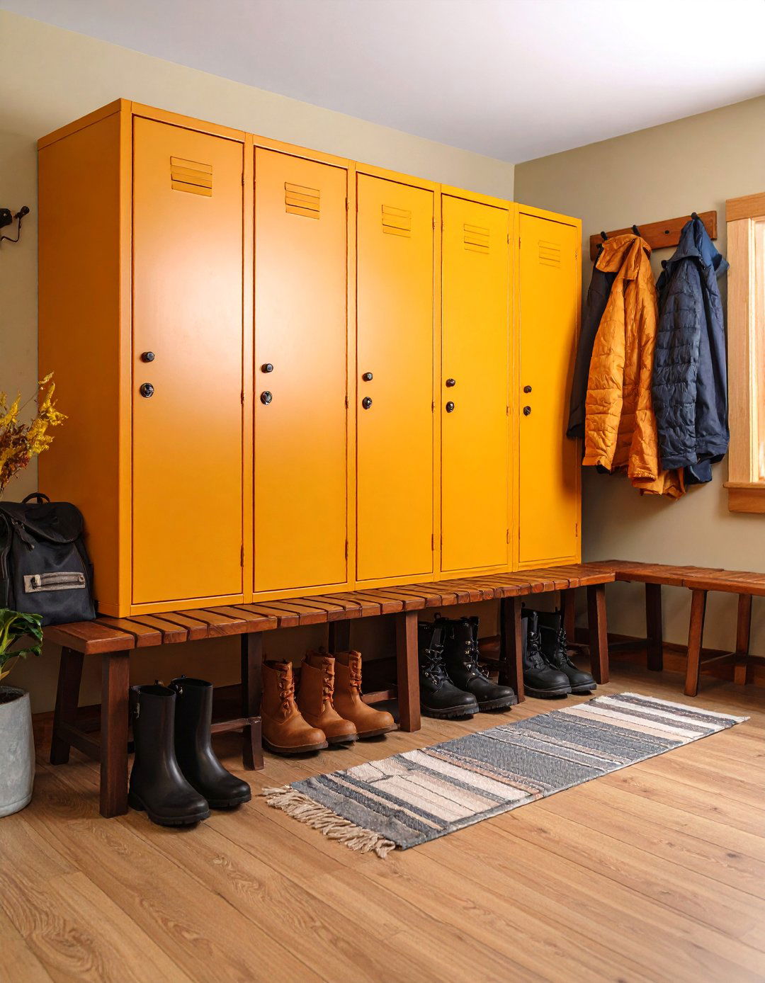 Cabin Mudroom with Vintage Lockers and Boot Storage - 25 Cabin Decor Ideas