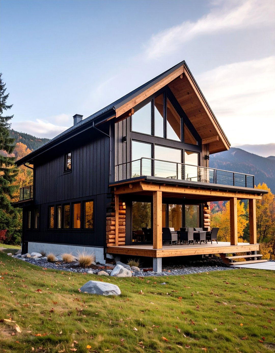 Cabin Style Black House with Cedar Log Accents - 25 Black House With Wood Accents