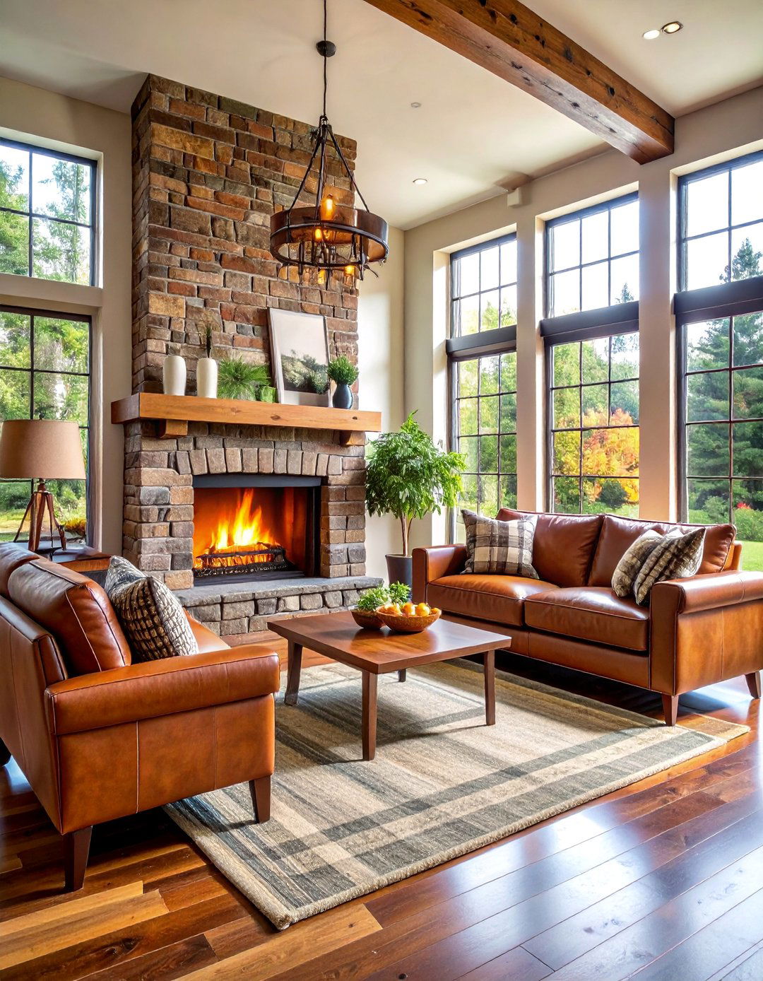 Cabin Style Brick Fireplace with Leather and Plaid Accents - 25 Rustic Living Room With a Brick Fireplace Ideas