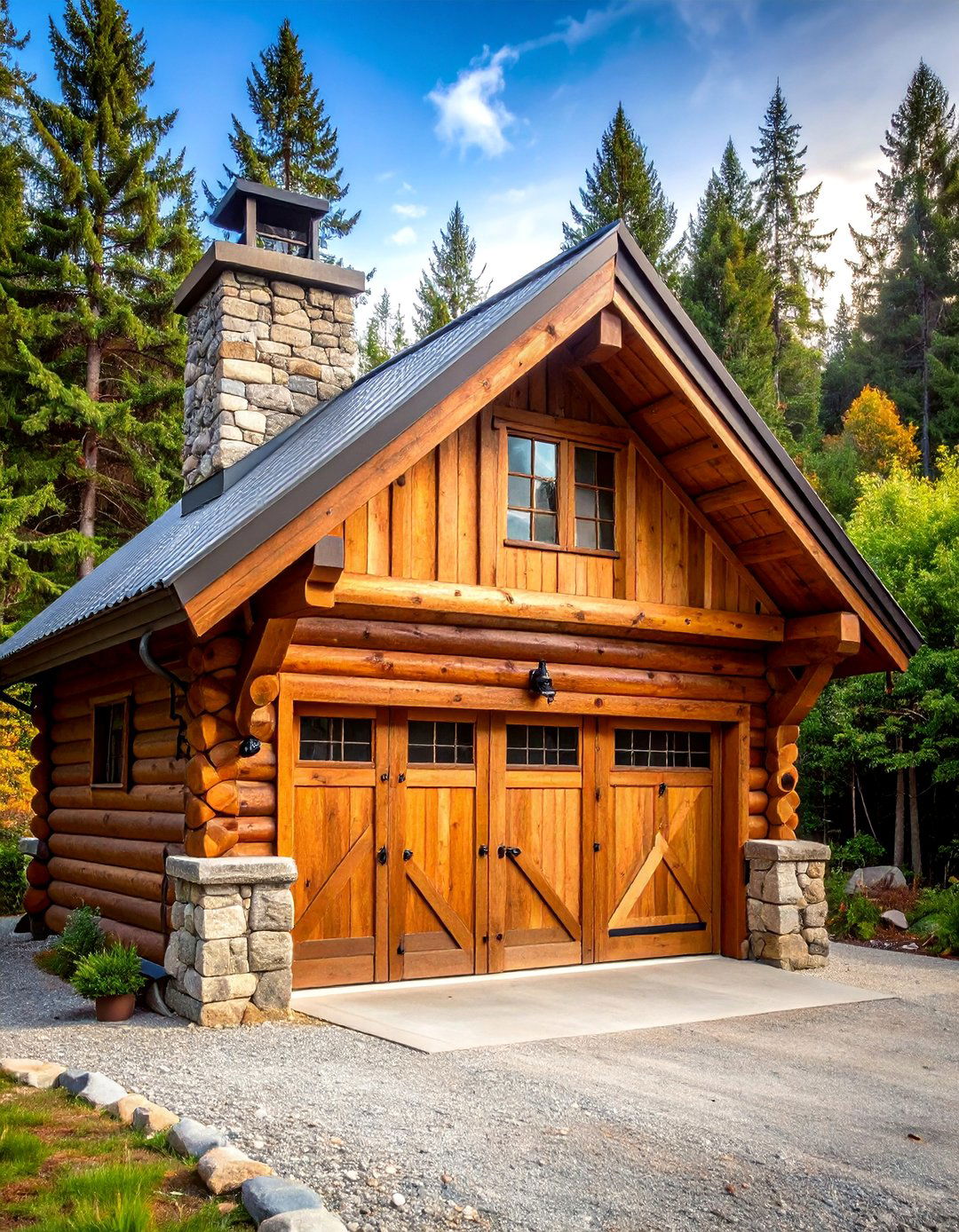 Cabin Style Garage with Log Construction - 25 Rustic Garage Ideas