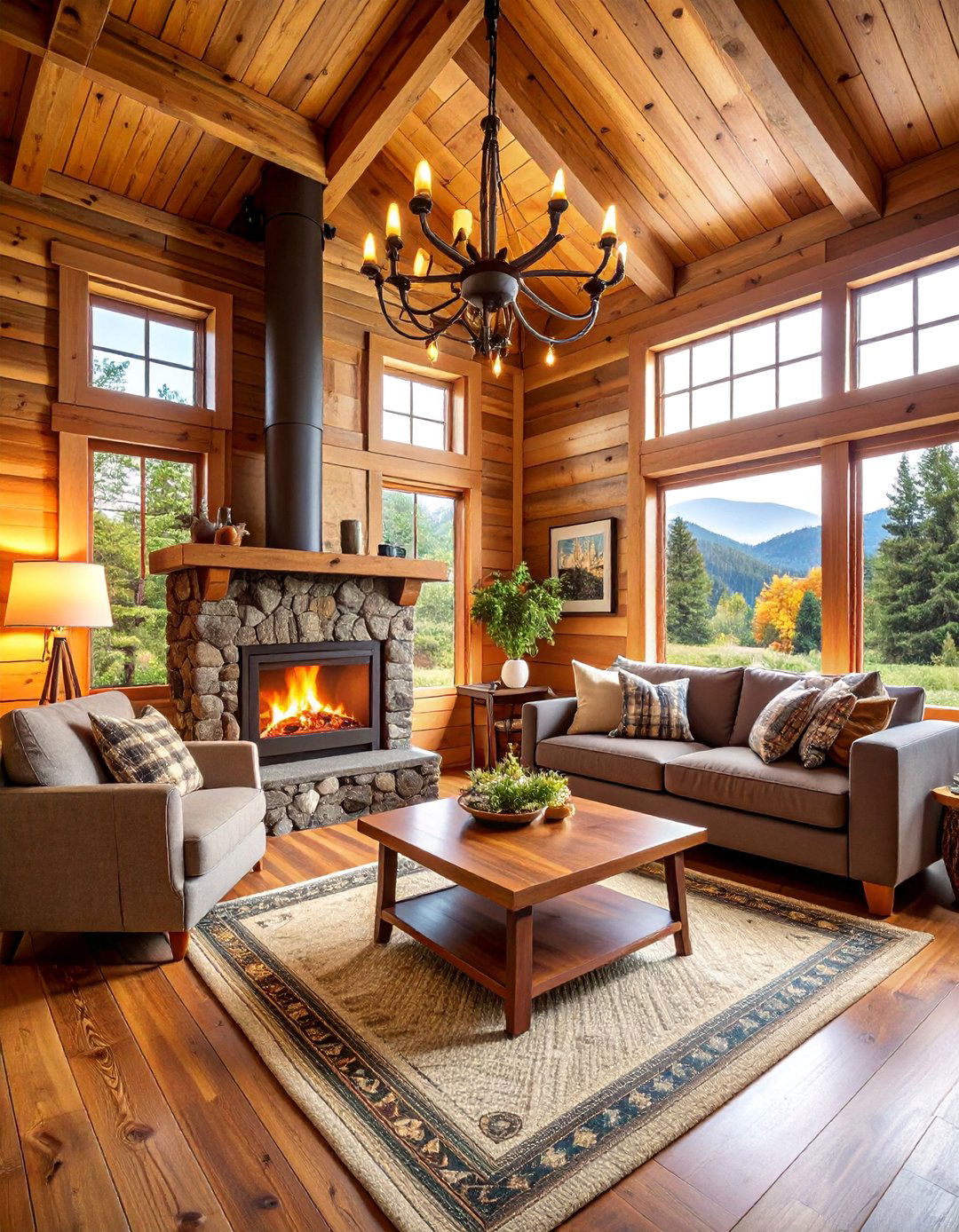 Cabin Style Tiny House with Wood Burning Stove Centerpiece - 25 Rustic Tiny House Ideas