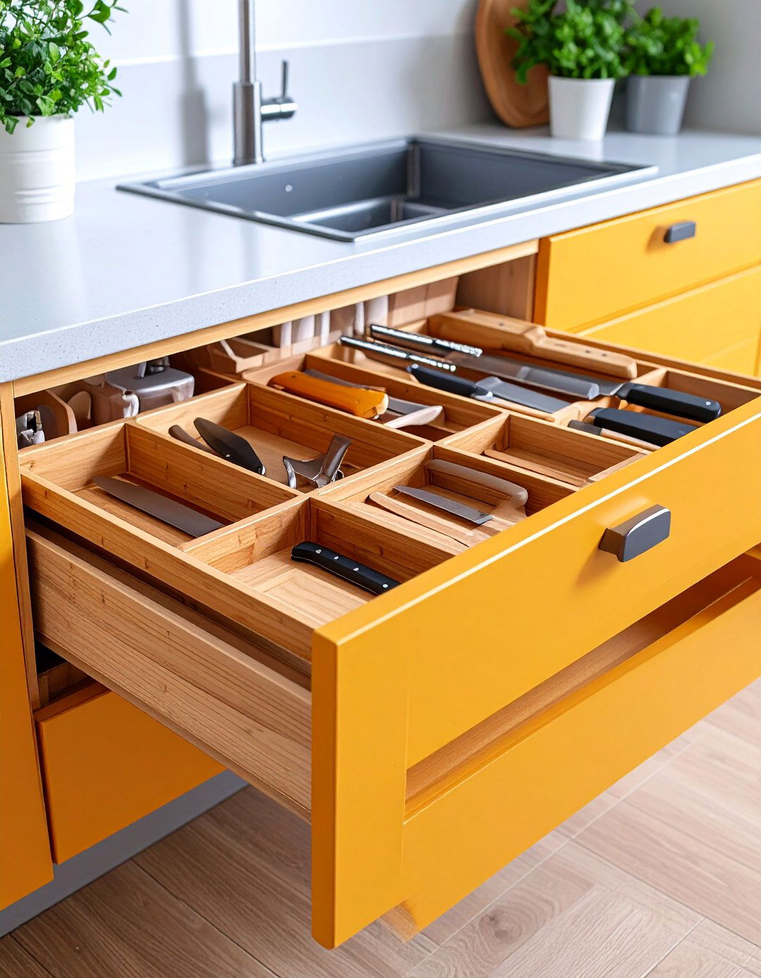 Cabinet Drawer with Built In Cutting Board and Knife Storage - 25 cabinet storage ideas