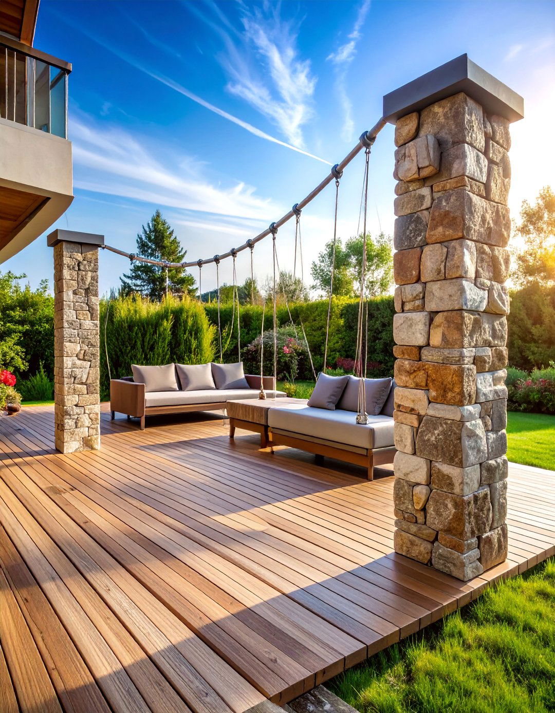 Cable System with Stone or Masonry Posts - 25 Horizontal Deck Railing Ideas