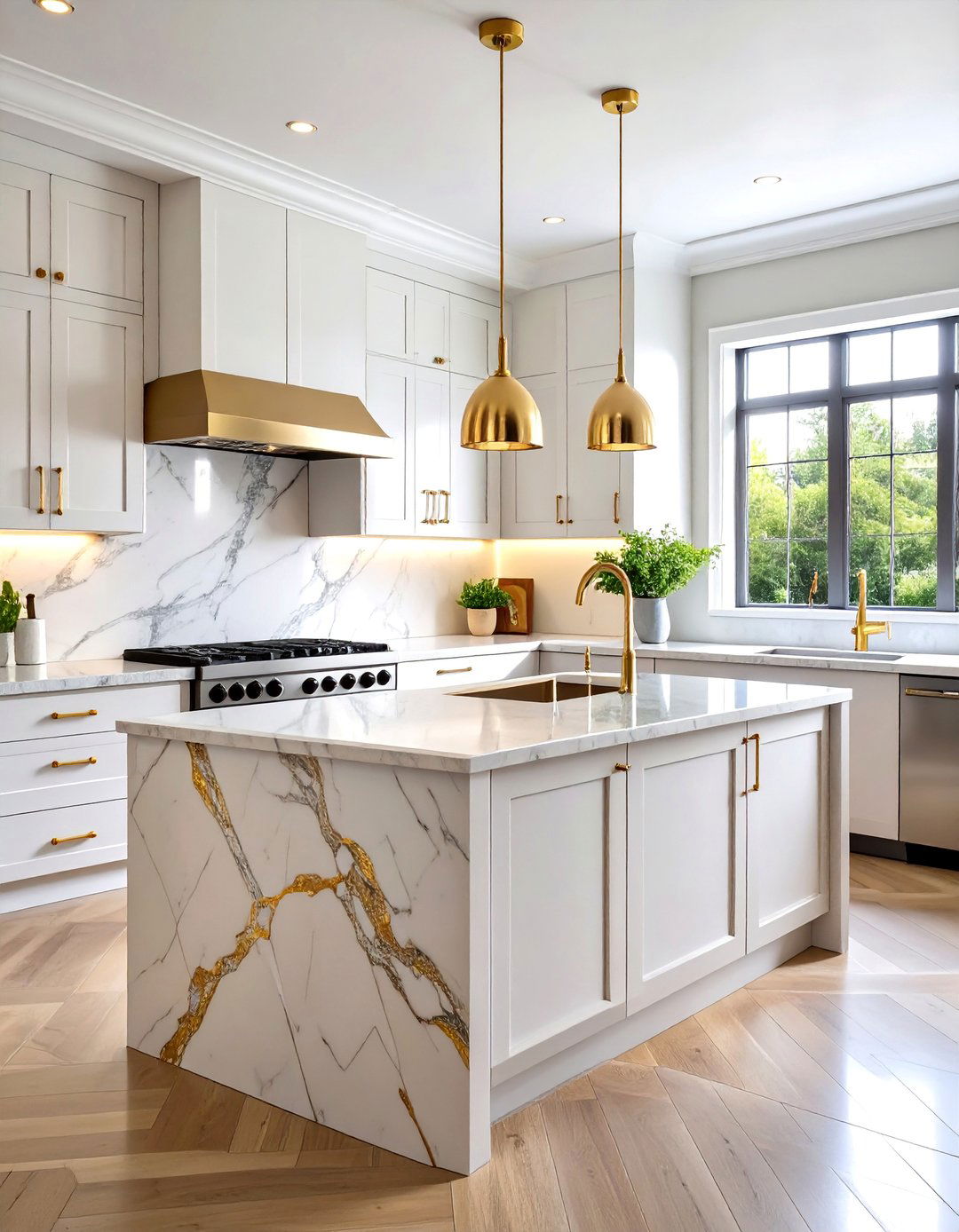 Calacatta Gold Marble Subway Backsplash - 25 White and Gold Kitchen Backsplash Ideas
