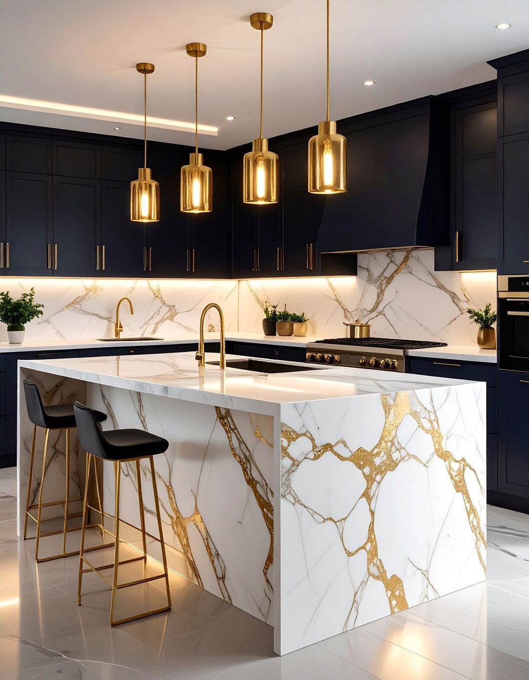 Calacatta Gold Waterfall Island with Brass Accents - 25 Marble Kitchen Island Ideas