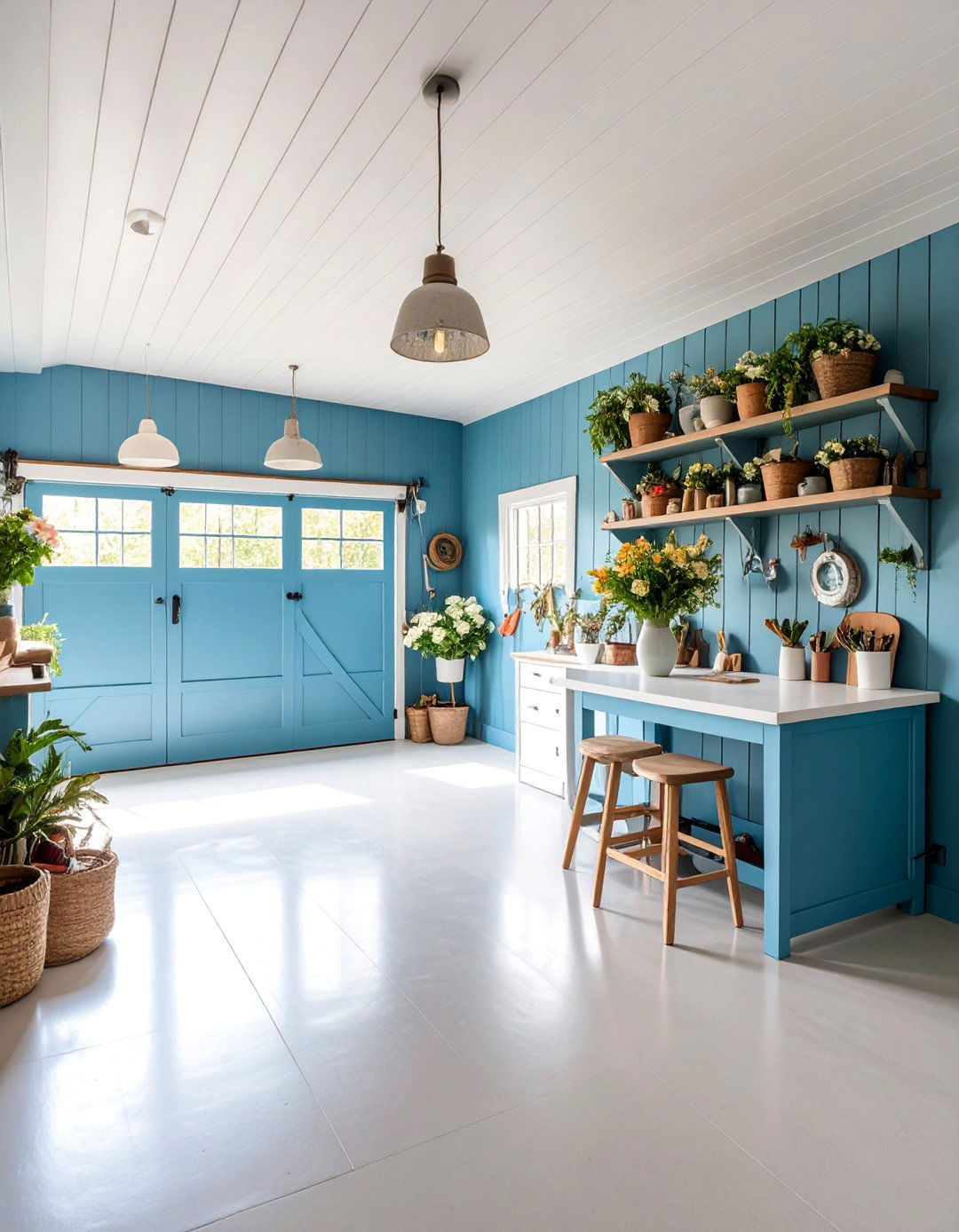 Calming Powder Blue Hobby Garage - 25 Garage Wall Paint Ideas