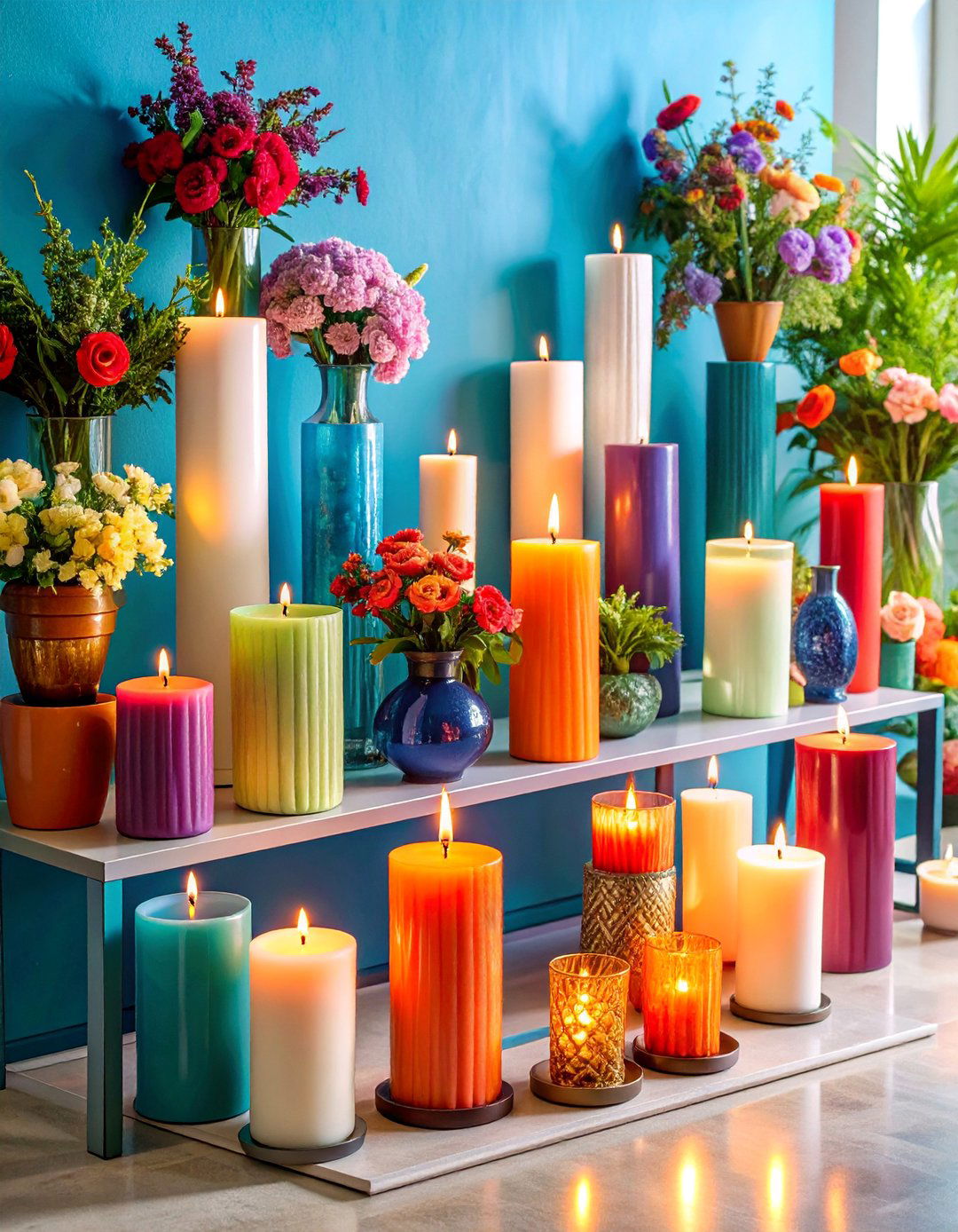 Candle Arrangement Display with Layered Heights and Scents - 25 Housewarming Decoration Ideas