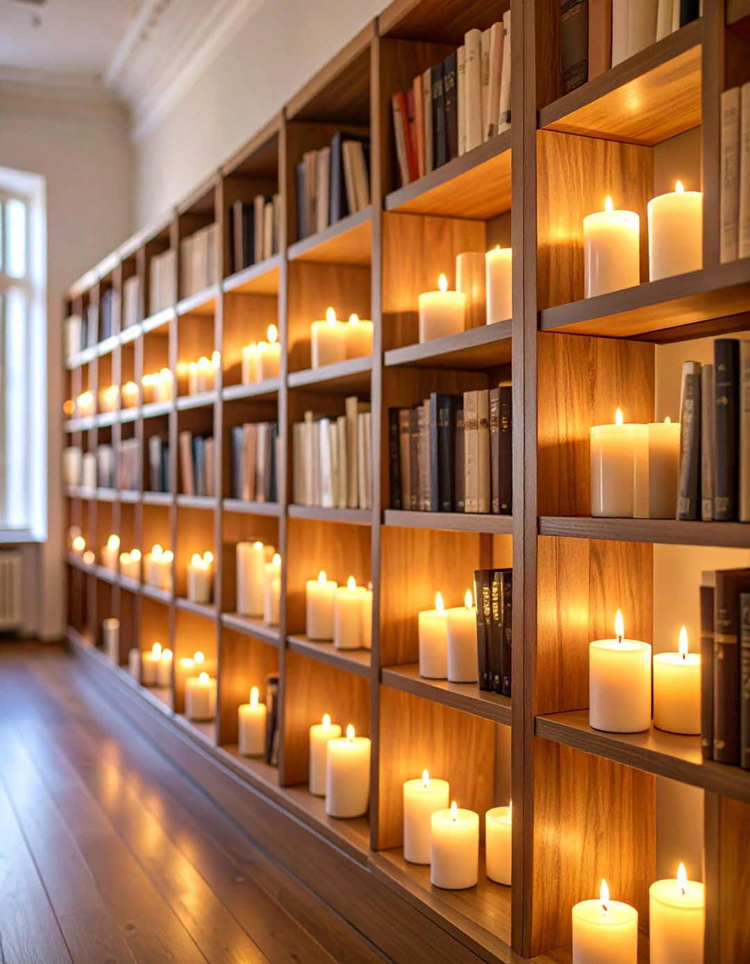 Candle Style LED Flameless Illumination - 25 Bookshelf Lighting Ideas