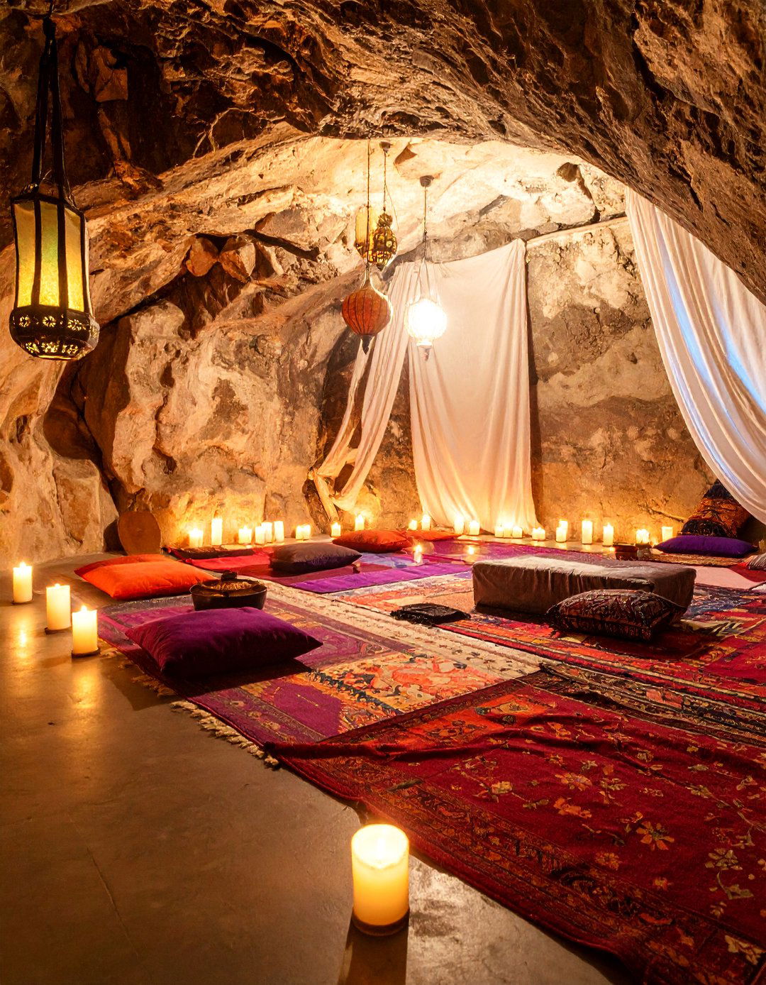 Candlelit Cave Meditation Room with Dramatic Shadows - 25 Boho Meditation Room Ideas