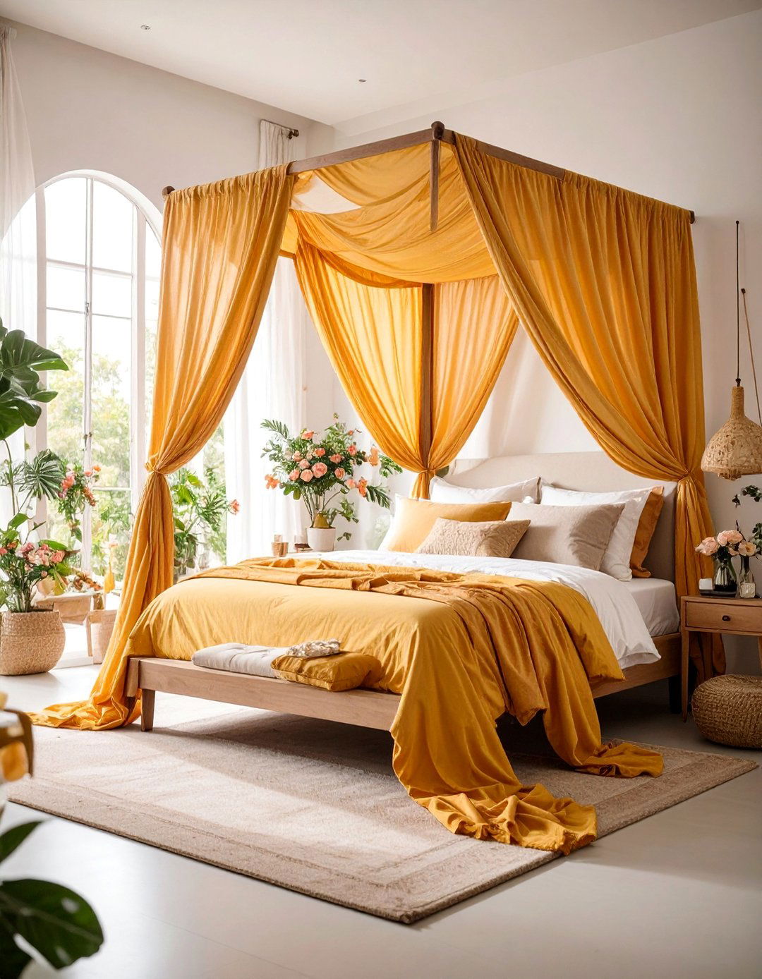 Canopy Bed with Flowing Linen Drapes - 25 Minimalist Bedroom Ideas