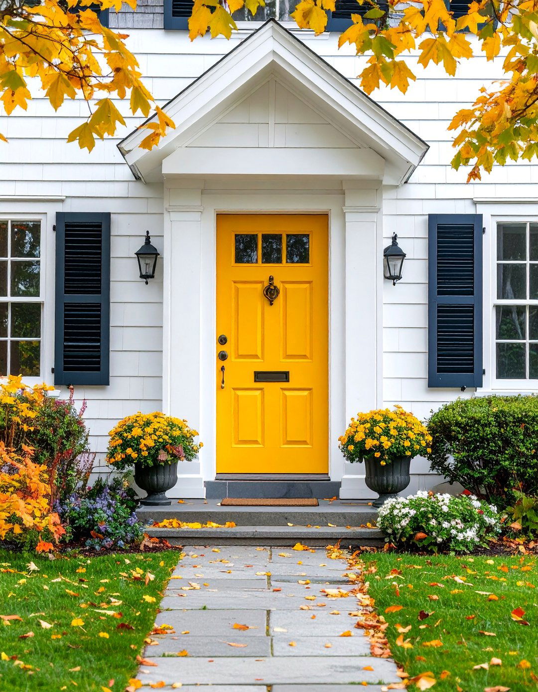 Cape Cod Mustard Door with Cedar Shingles - 25 Mustard Yellow Front Door Ideas