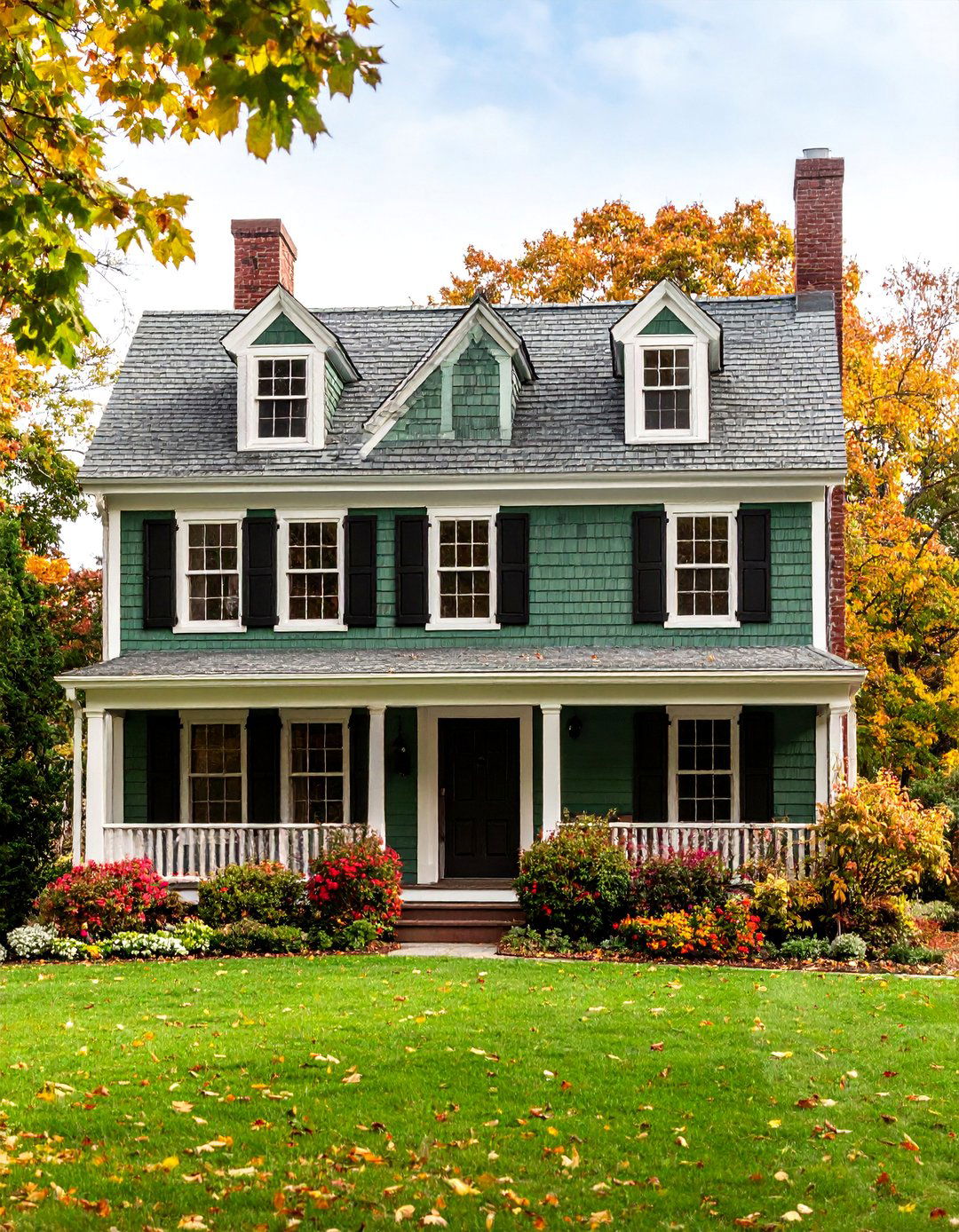 Cape Cod Style with Black Dormer Windows - 25 Dark Olive Green House With Black Trim