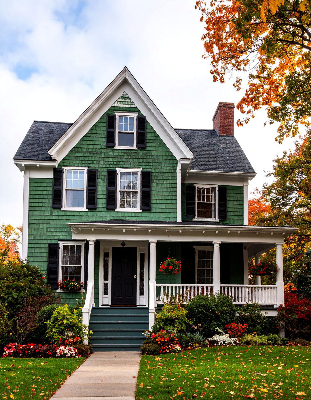 Cape Cod with Black Dormers and Shutters - 25 Sage Green House With Black Door