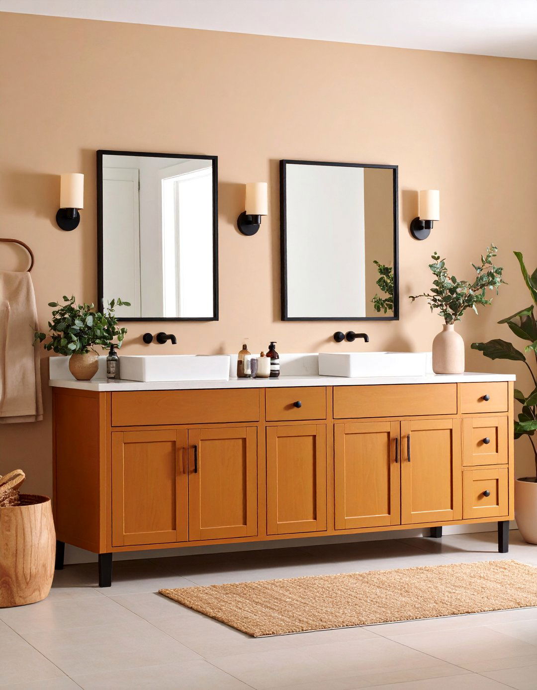 Caramel Brown Cabinets with Black Hardware Details - 25 brown and black bathroom ideas