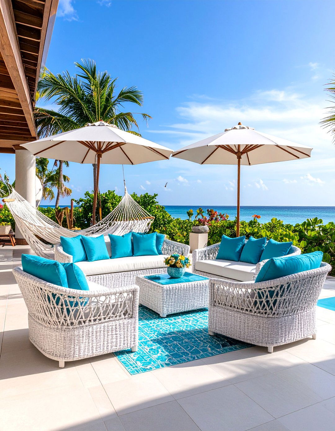 Caribbean Beachfront Patio with Turquoise Accents - 25 Tropical Patio Ideas