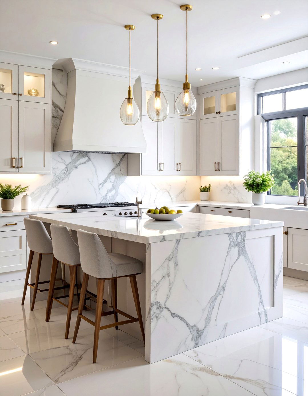 Carrara Marble Mosaic with Natural Veining - 25 White Cabinet Kitchen Backsplash Ideas