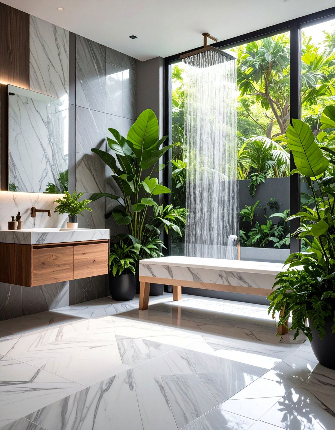 Carrara Marble Shower Bench with Herringbone Floor - 25 Shower Bench Ideas