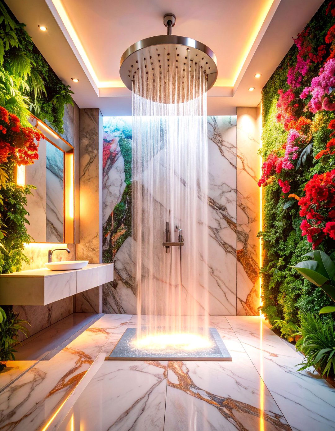 Carrara Marble Slab Shower with Waterfall Design - 25 Stone Shower Design Ideas