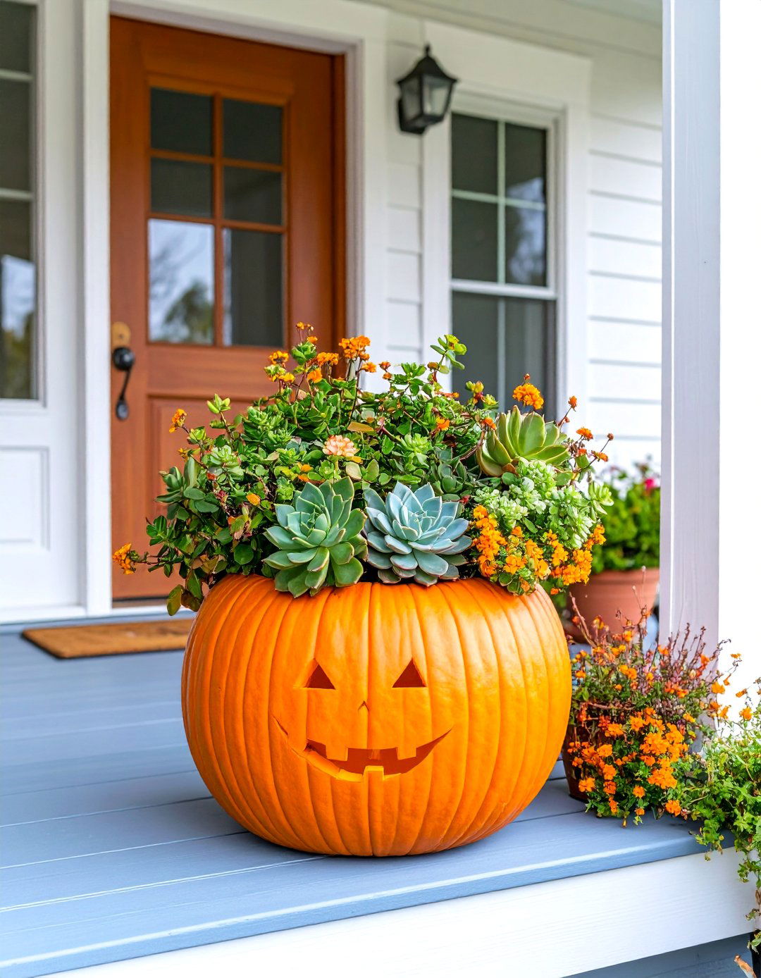 Carved Pumpkin Seasonal Display - 25 Outdoor Succulent Container Ideas