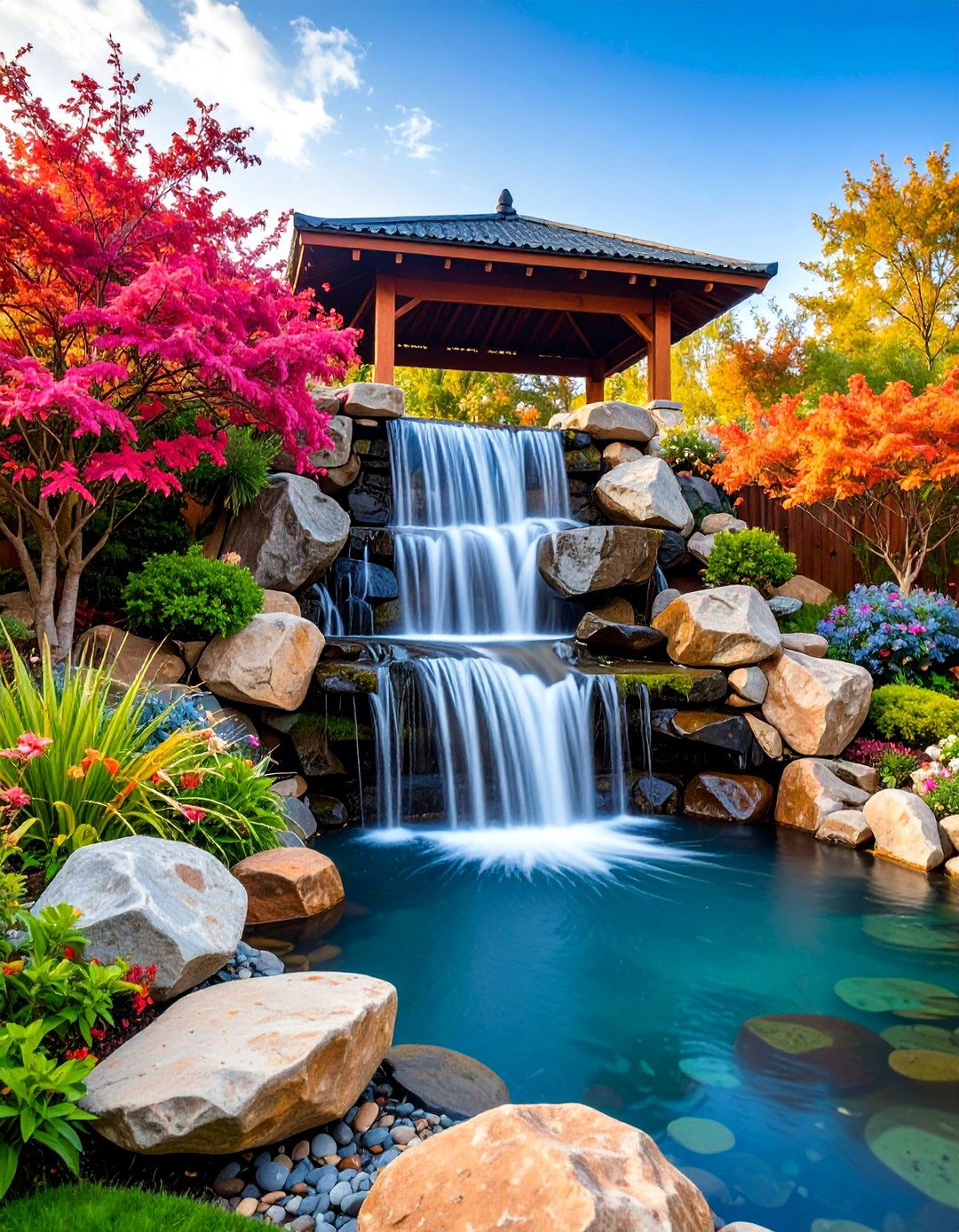 Cascading Water Feature with Natural Stone Pools - 25 Down Sloped Backyard Ideas