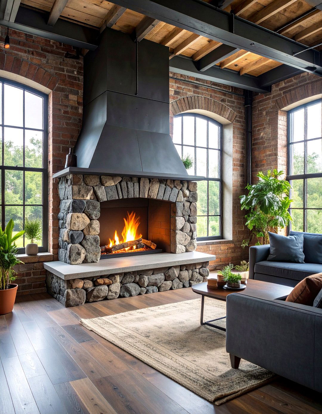 Cast Iron Rustic Fireplace with Industrial Accents - 25 Rustic Fireplaces