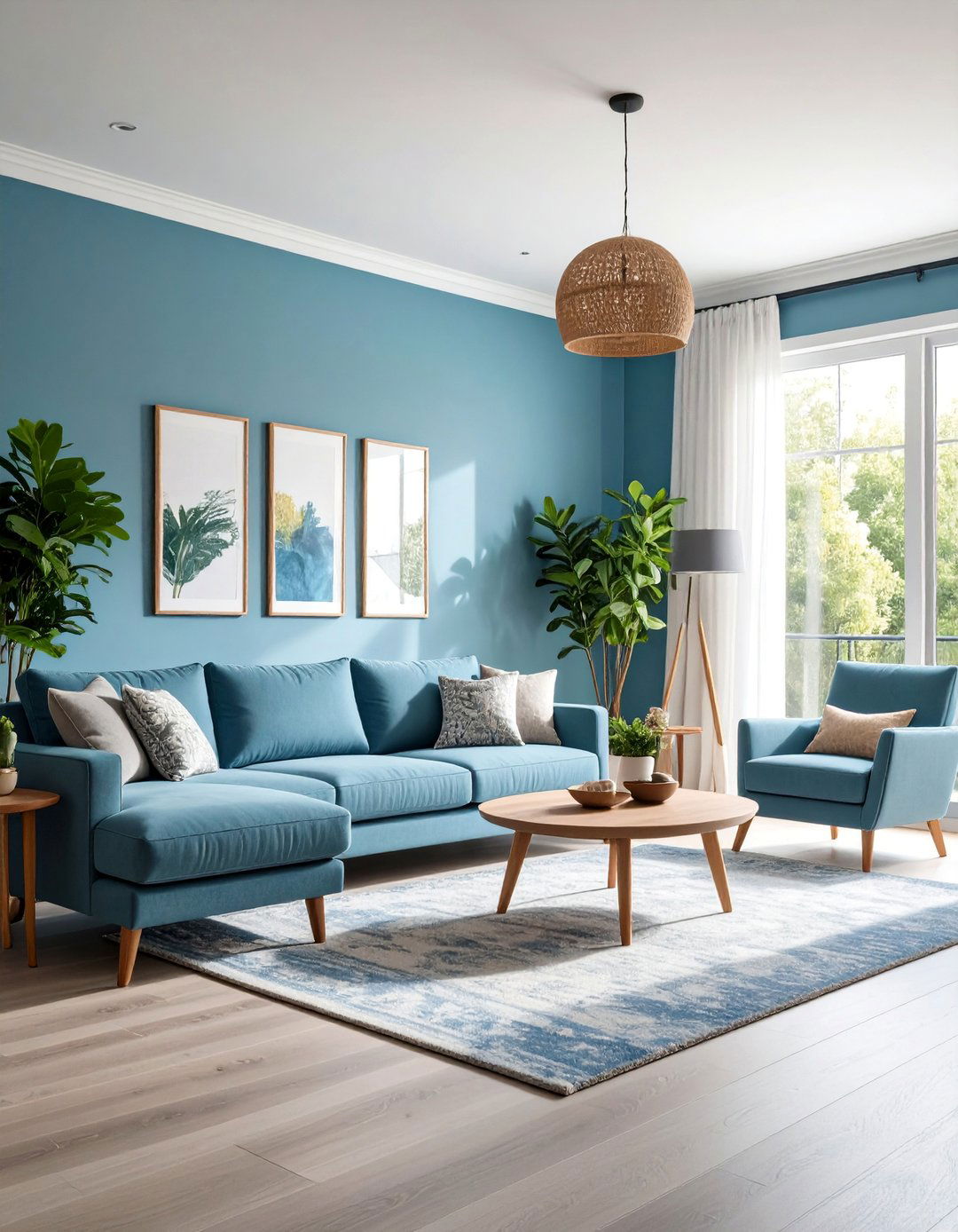 Casual Contemporary with Sky Blue Walls and Grey Luxury Vinyl Tile - 25 grey floor living room with blue walls ideas