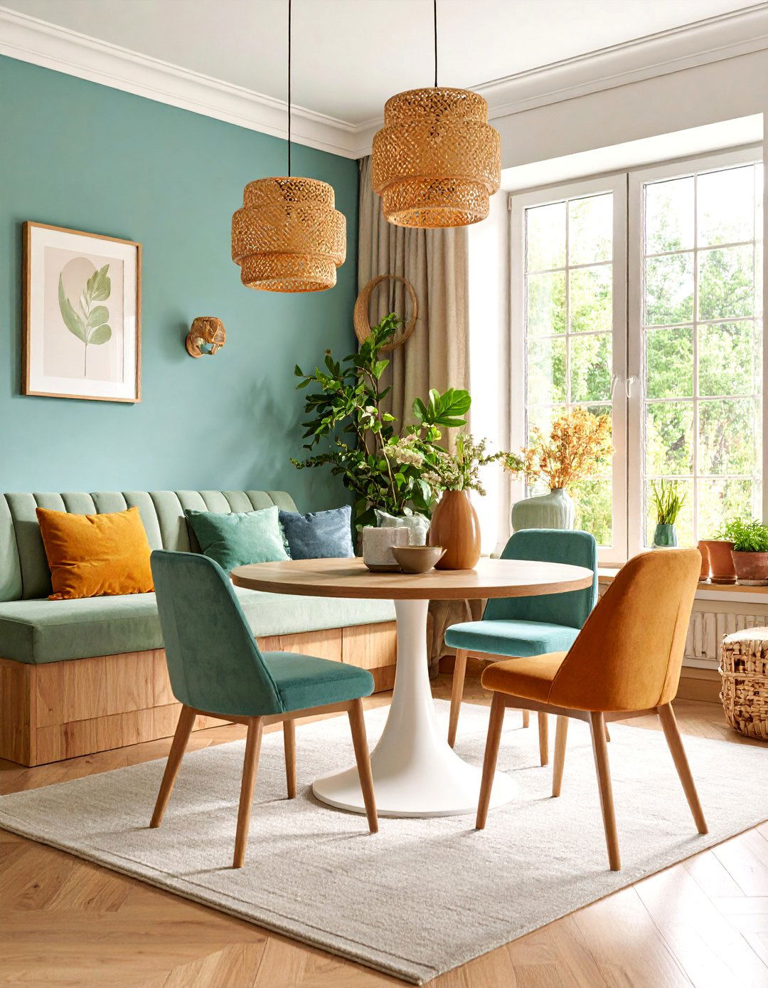 Casual Neutral Dining Room with Banquette and Round Table - 25 Neutral Dining Room Ideas