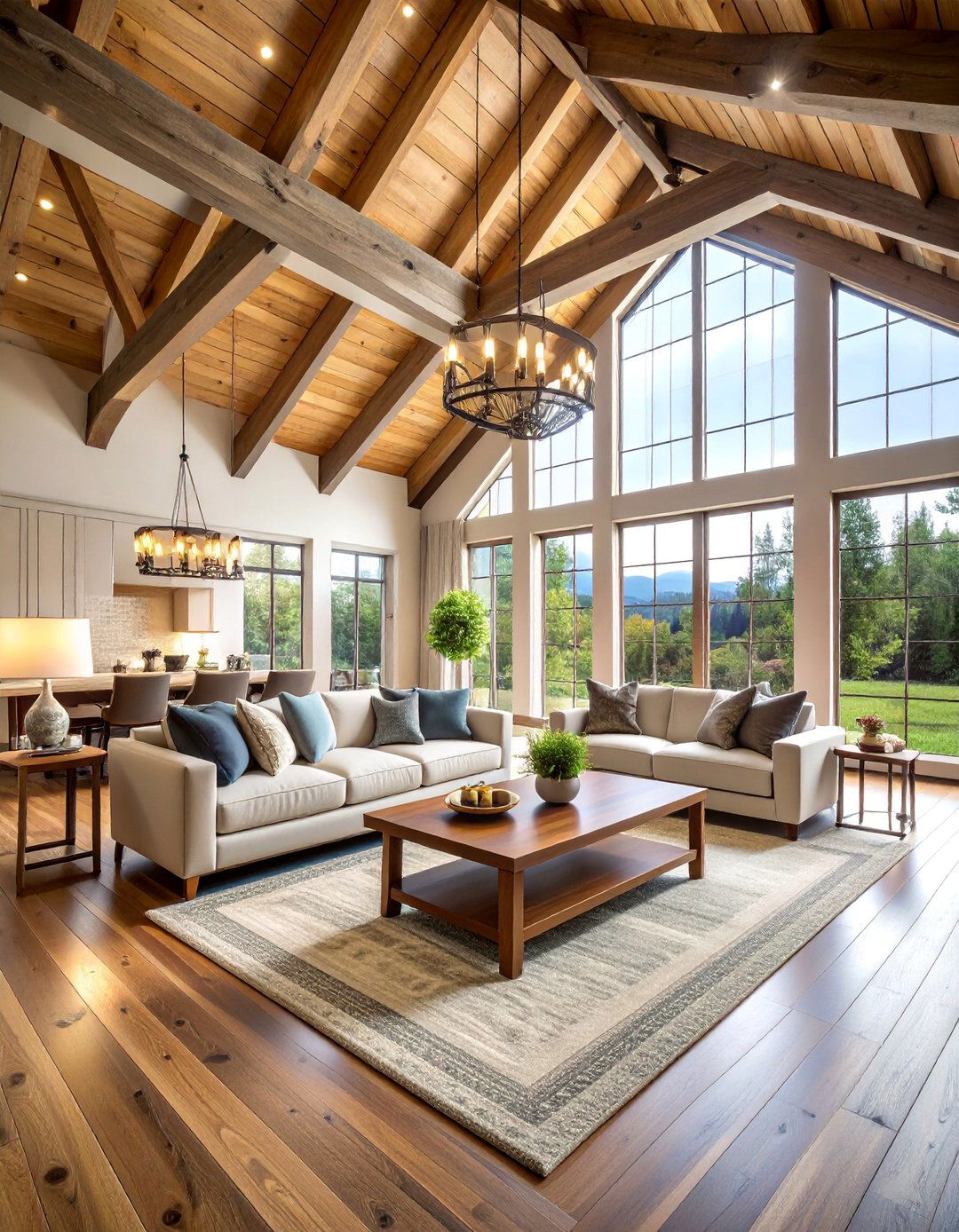 Cathedral Ceiling Great Room with Massive Timber Trusses - 25 Cabin Decor Ideas
