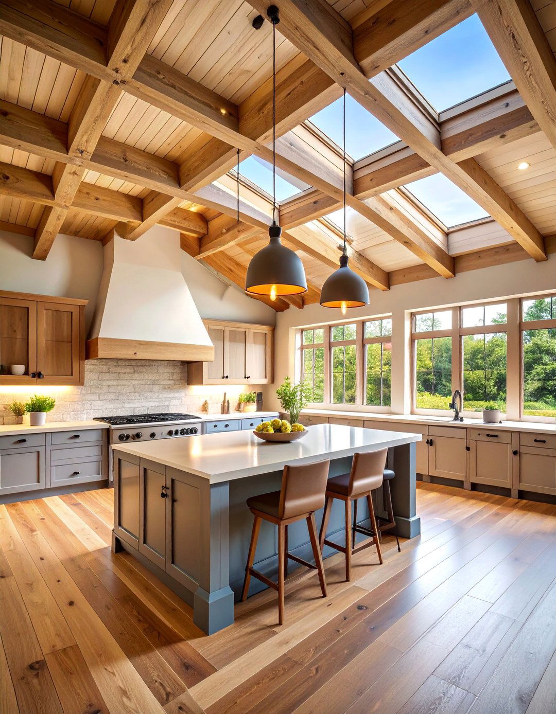 Cathedral Ceiling Kitchen with Natural Wood Beams - 25 Wood Ceiling Kitchen Ideas