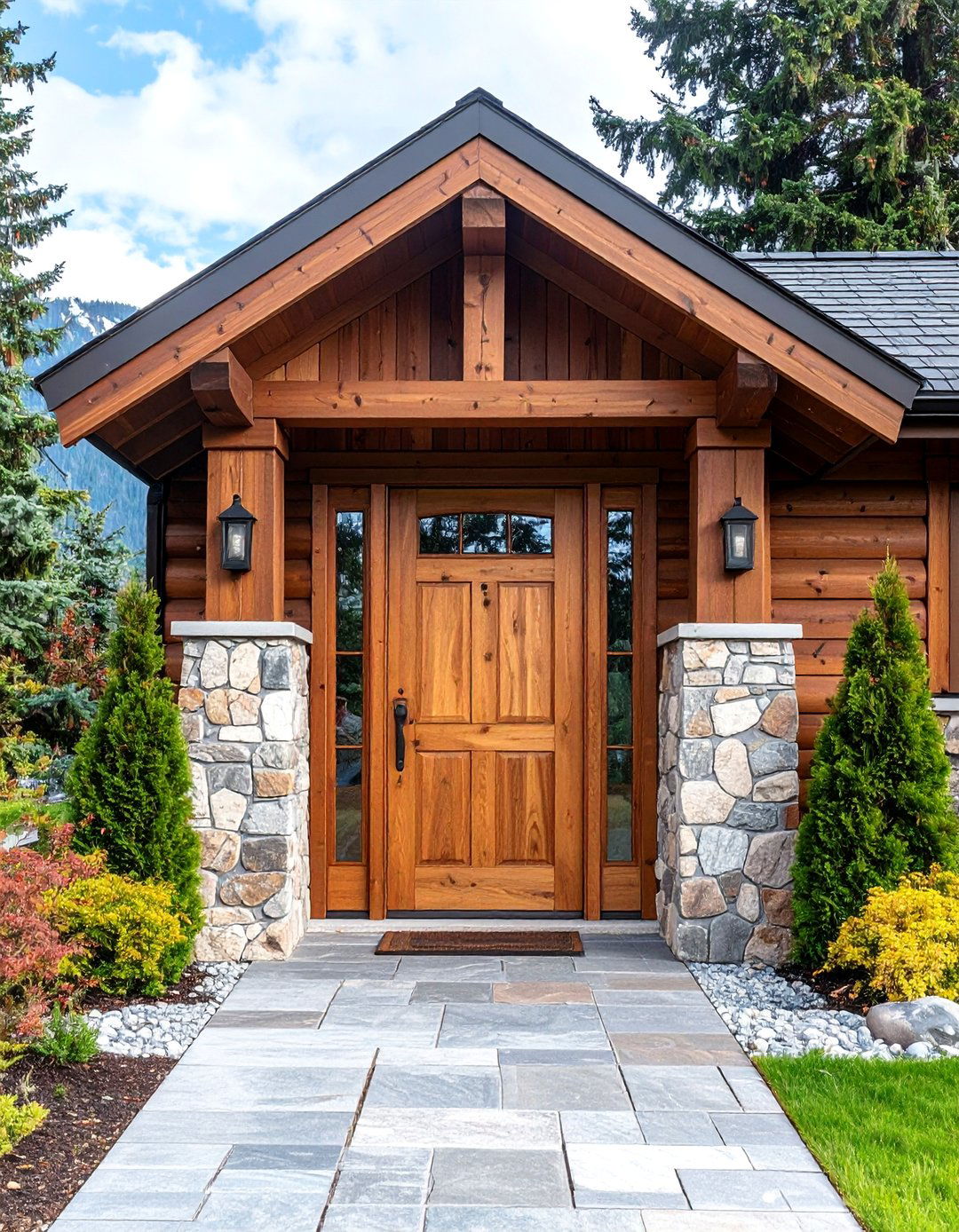 Cedar Door with Stone Accents - 25 Rustic Front Door Ideas